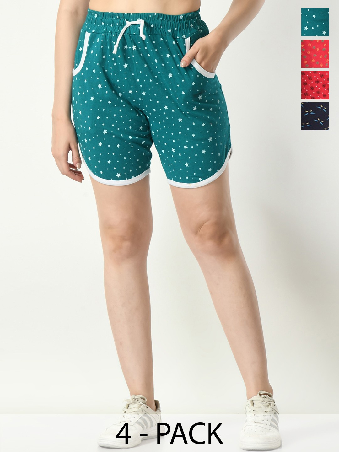 

BAESD Women Pack Of 4 High-Rise Conversational Printed Casual Cotton Shorts, Teal