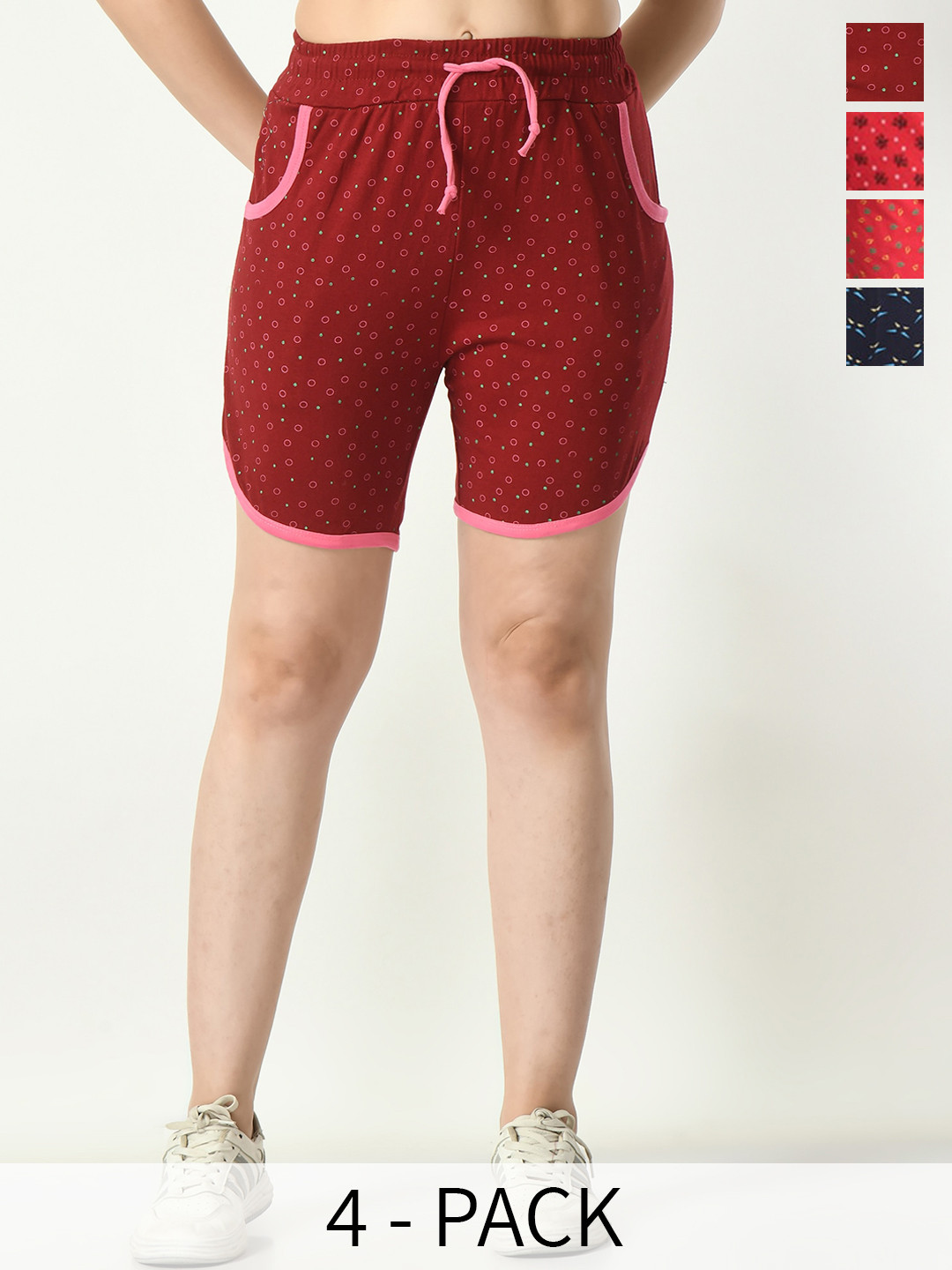 

BAESD Women Pack Of 4 High-Rise Conversational Printed Casual Cotton Shorts, Maroon