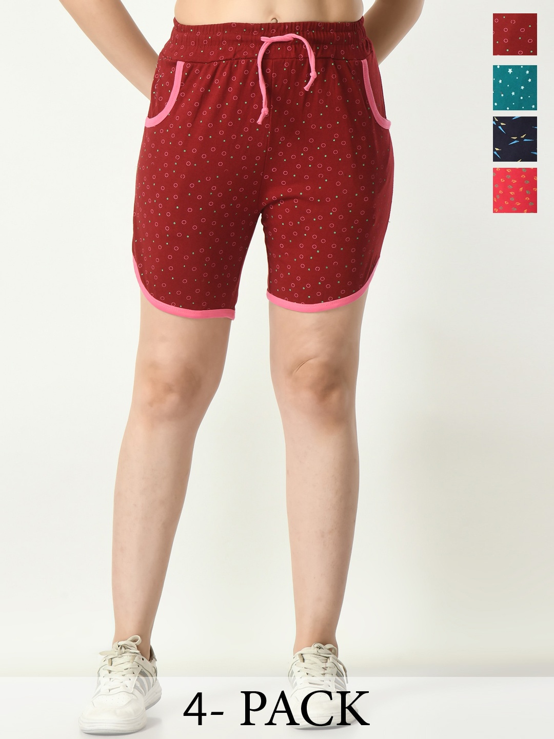 

BAESD Women Pack Of 4 Geometric Printed High-Rise Cotton Shorts, Maroon