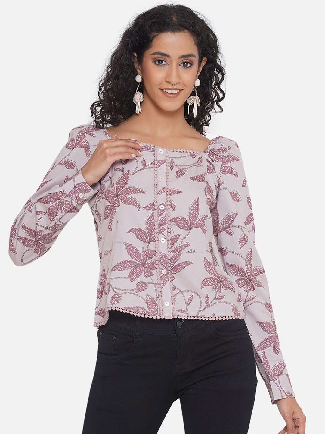 

bellamia Floral Printed Square Neck Cuffed Sleeves Liva Pom Pom Regular Top, Lavender