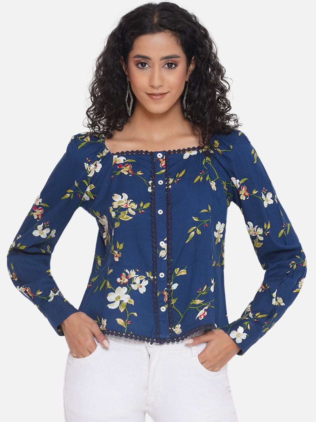 

bellamia Floral Printed Square Neck Puff Sleeves Liva Pom Pom Regular Top, Navy blue