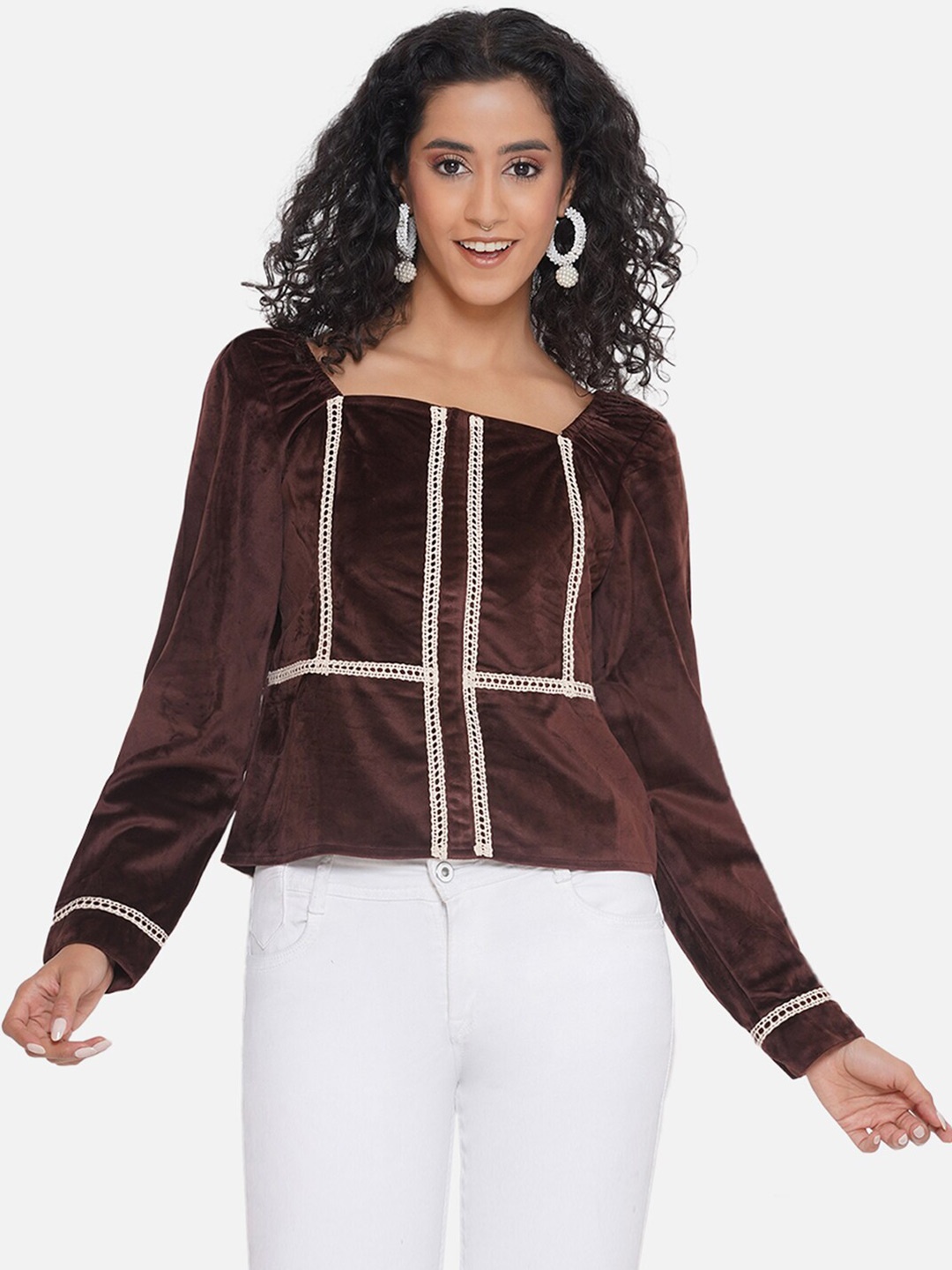 

bellamia Square Neck Puff Sleeves Top, Brown