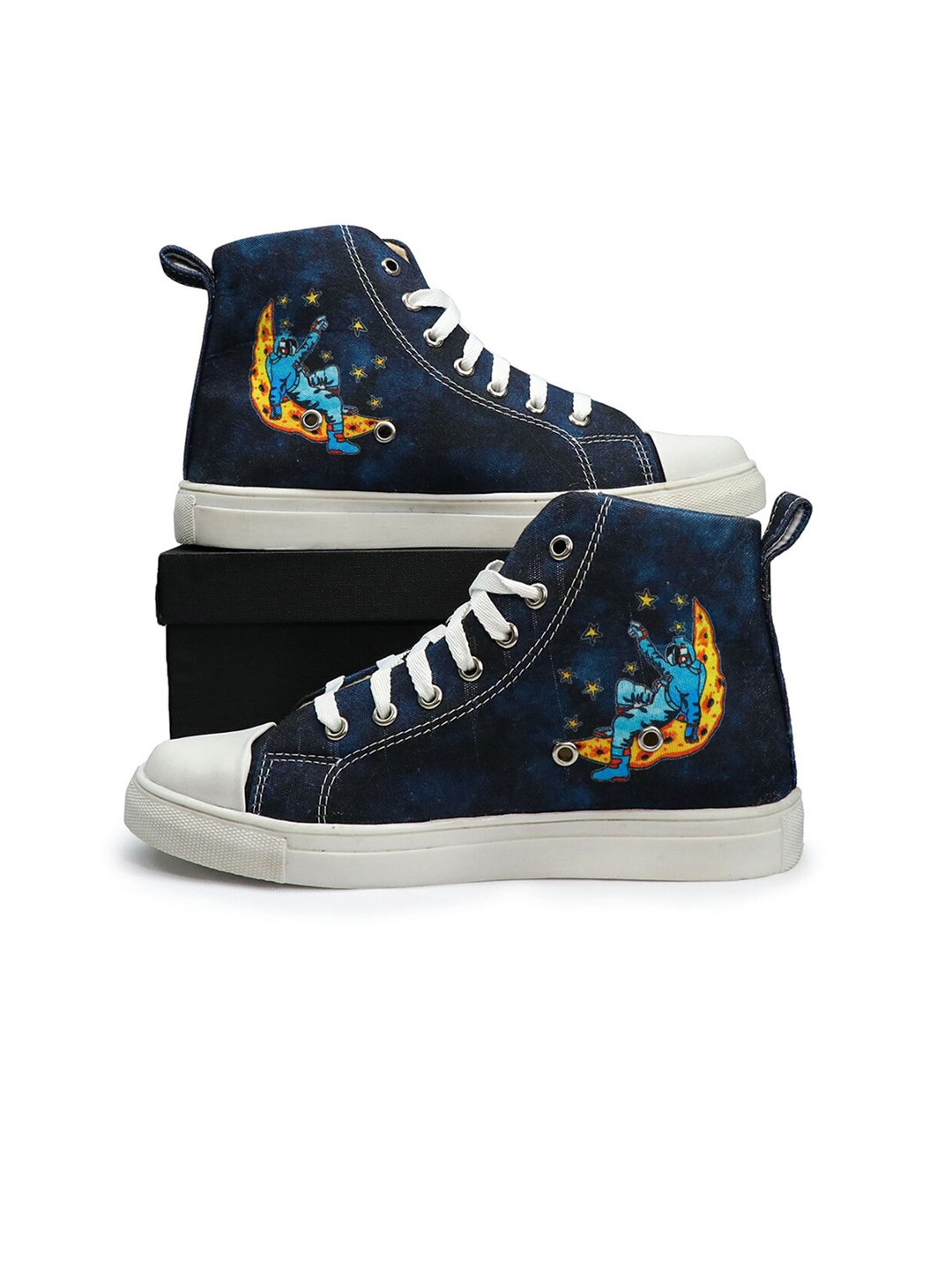 

KobSook Women Mid Top Half Moon Astronaut Printed Canvas Comfort Insole Sneakers, Navy blue