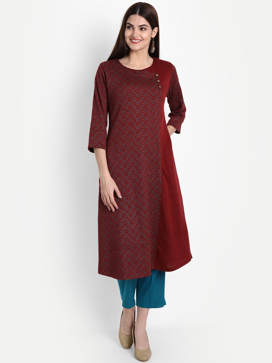 

SUTI Geometric Printed A Line Woollen Kurta, Maroon