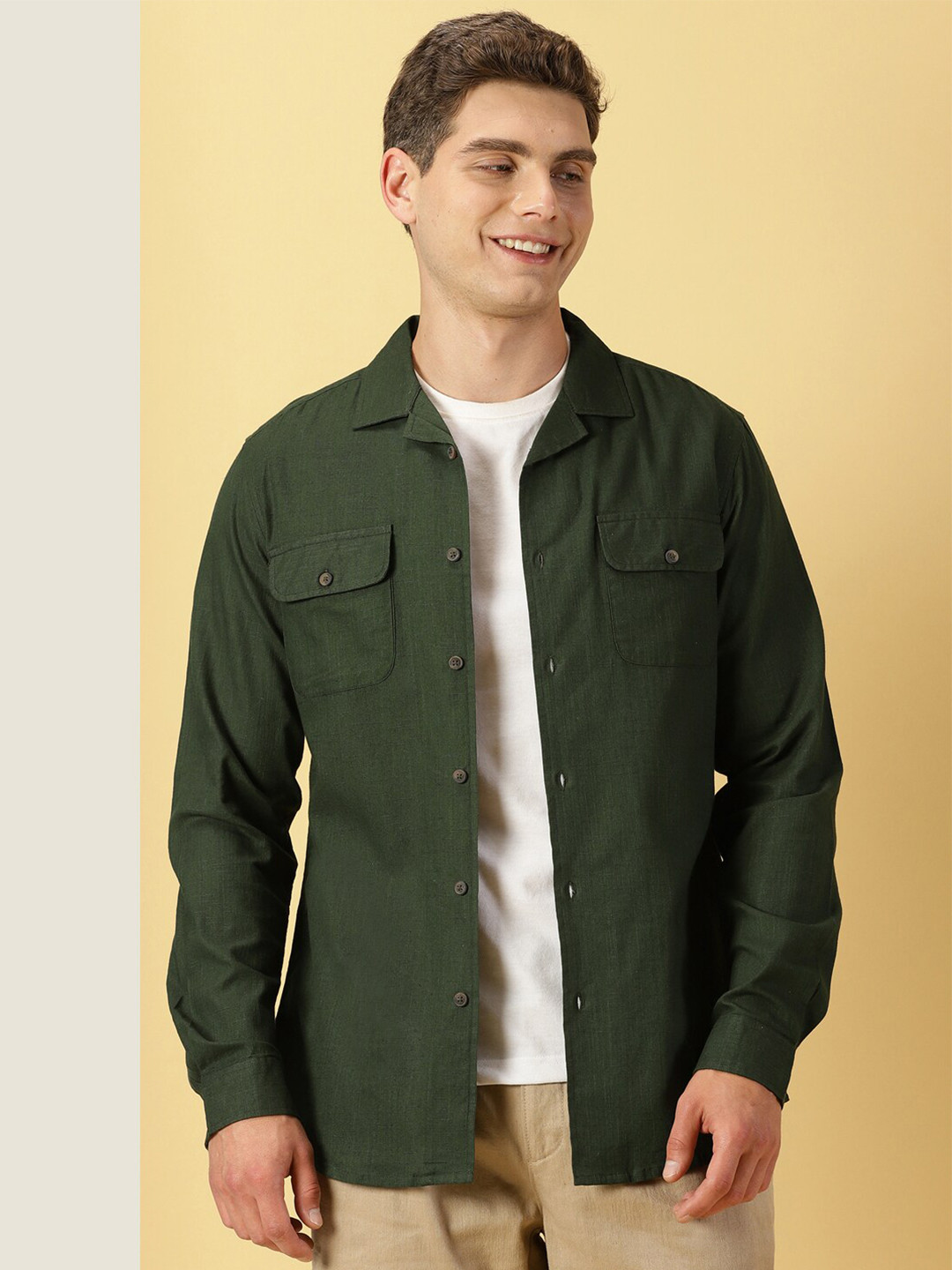 

Thomas Scott Classic Cuban Collar Cotton Linen Casual Shacket, Olive