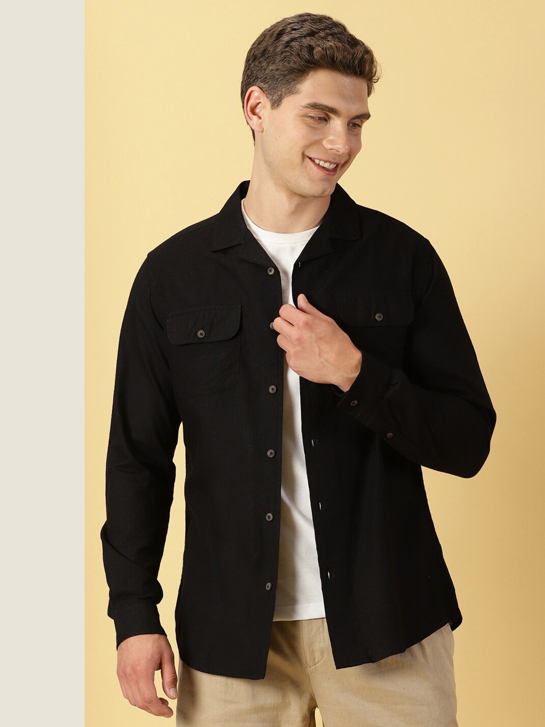 

Thomas Scott Classic Regular Cuban Collar Long Sleeve Pocket Cotton & Linen Shacket, Black
