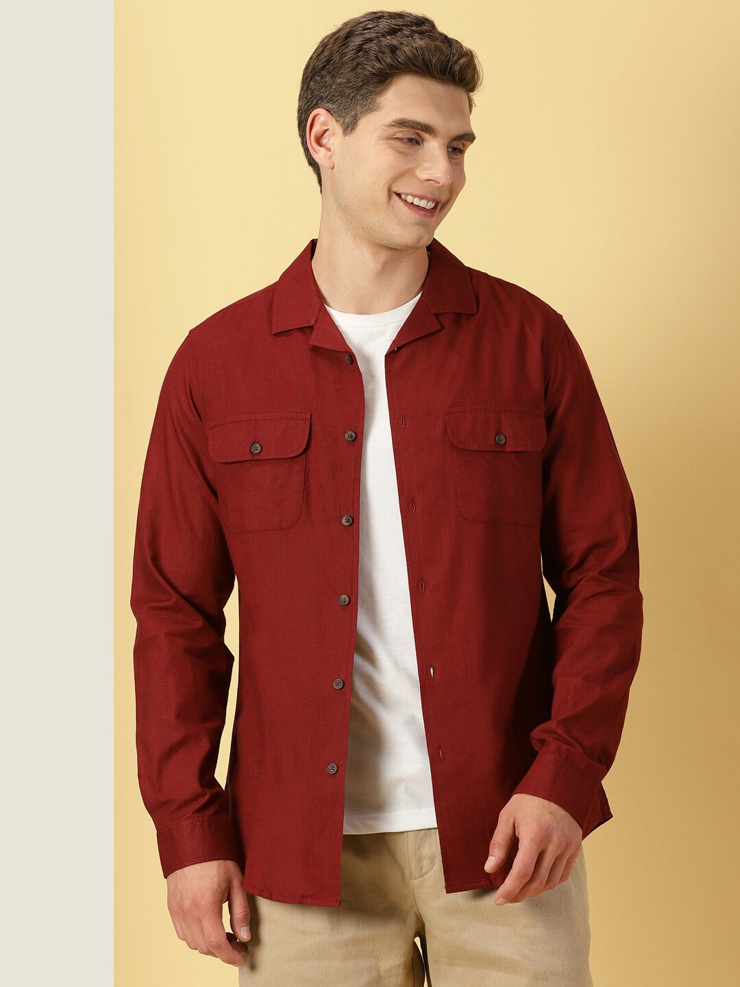 

Thomas Scott Classic Cuban Collar Cotton Linen Casual Shacket, Maroon