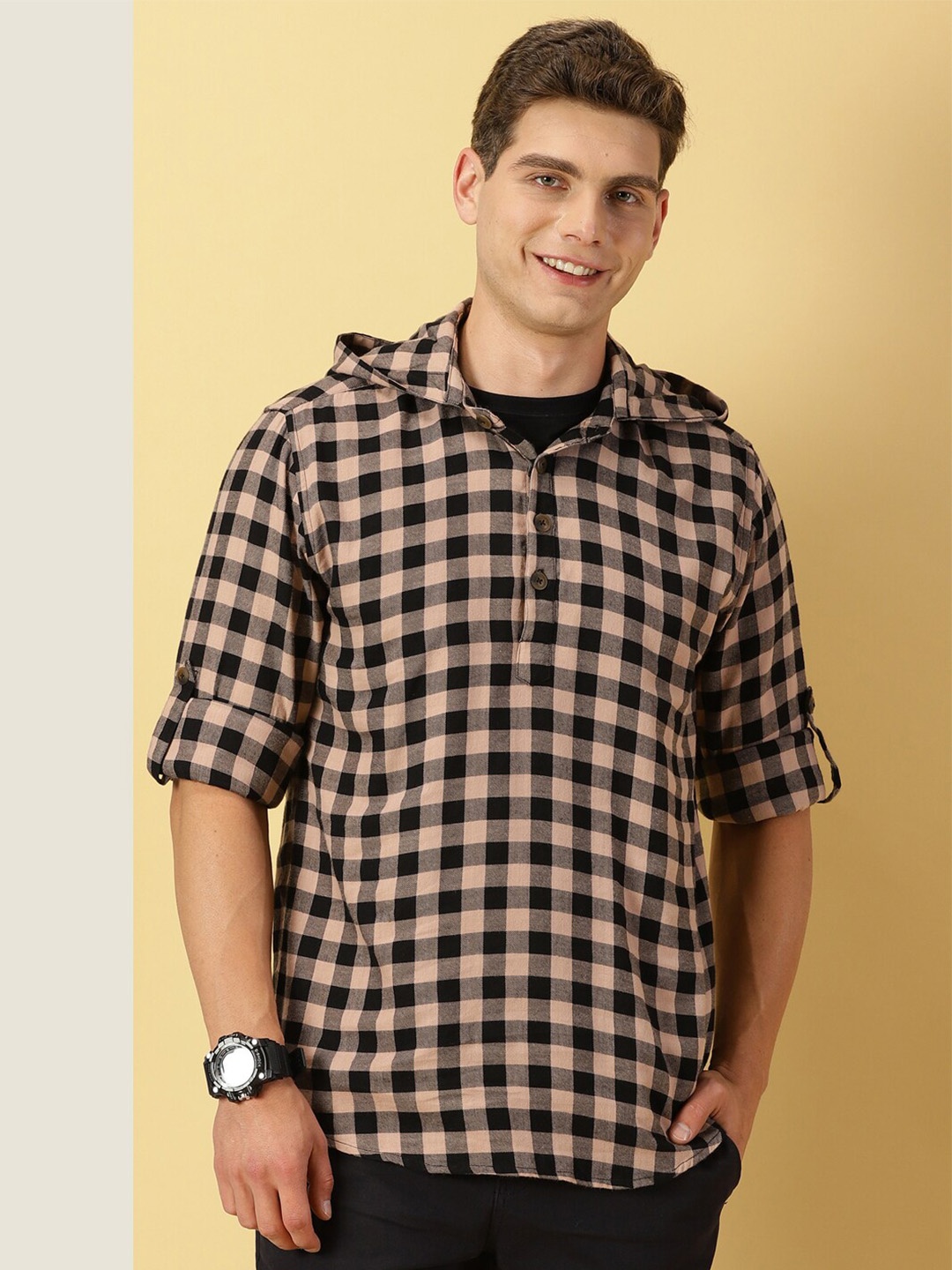 

Thomas Scott Classic Hood Gingham Checked Twill Casual Pure Cotton Shirt, Black