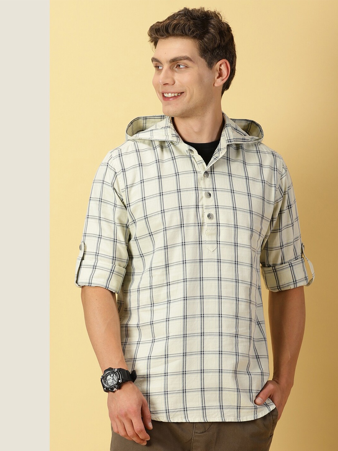 

Thomas Scott Classic Windowpane Checks Roll-Up Sleeves Twill Cotton Hooded Casual Shirt, Beige