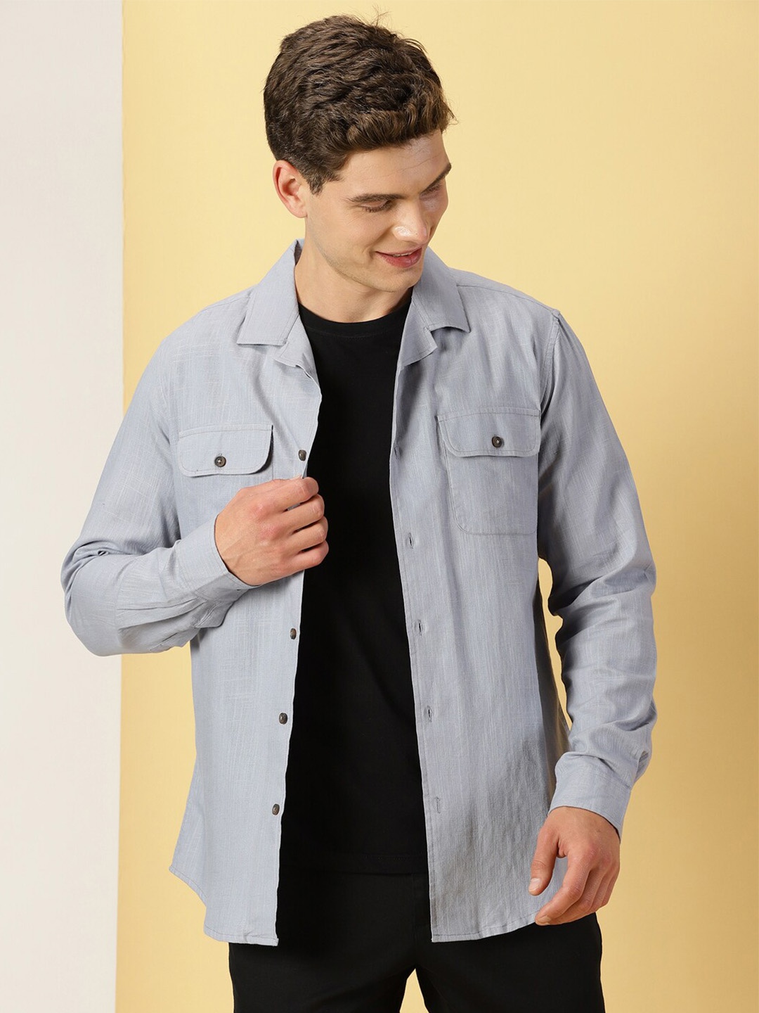 

Thomas Scott Classic Cuban Collar Cotton Linen Casual Shacket, Grey