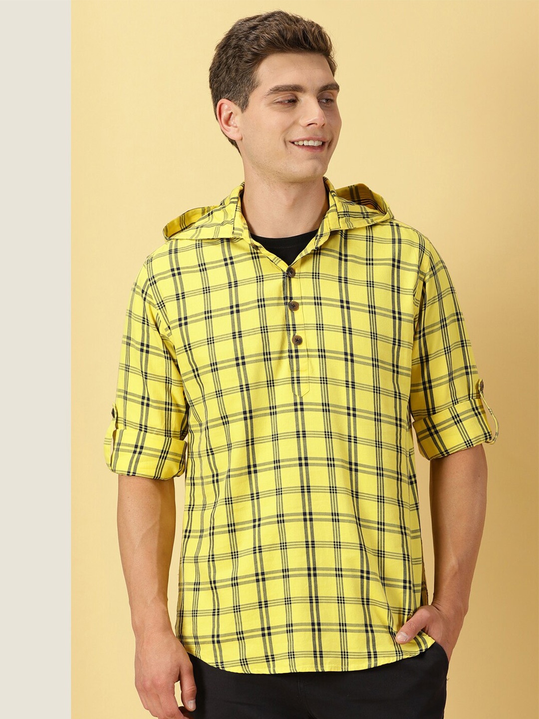 

Thomas Scott Classic Hood Windowpane Checked Twill Casual Pure Cotton Shirt, Yellow
