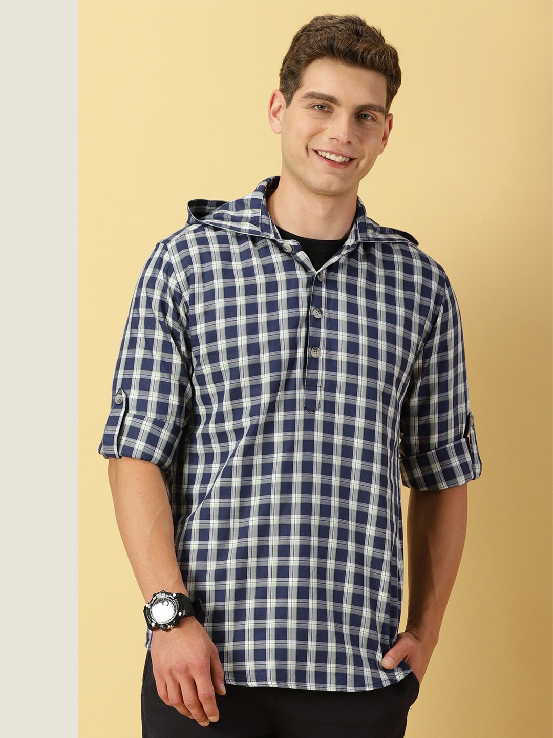 

Thomas Scott Classic Tartan Checks Roll-Up Sleeves Twill Cotton Hooded Casual Shirt, Navy blue