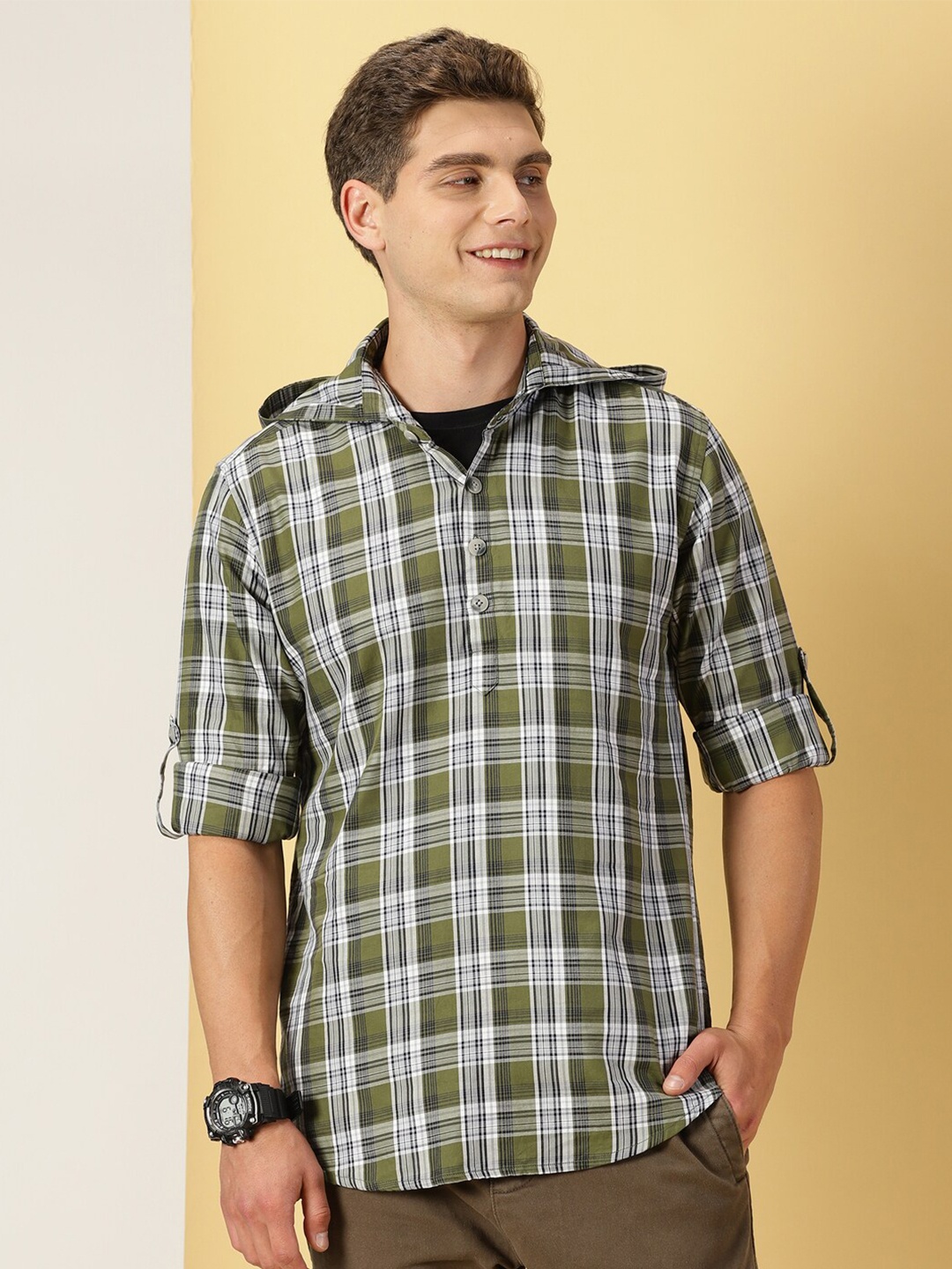 

Thomas Scott Classic Hood Tartan Checked Twill Casual Pure Cotton Shirt, Olive
