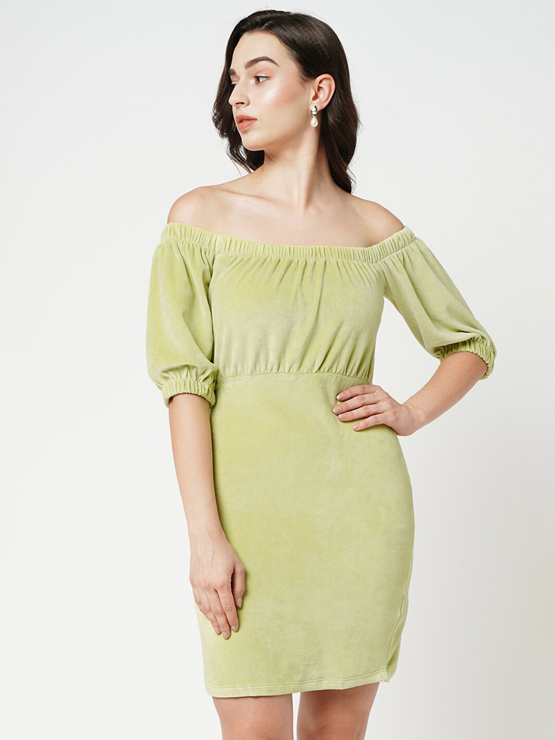 

ONLY Off-Shoulder Gathered Bodycon Mini Dress, Green