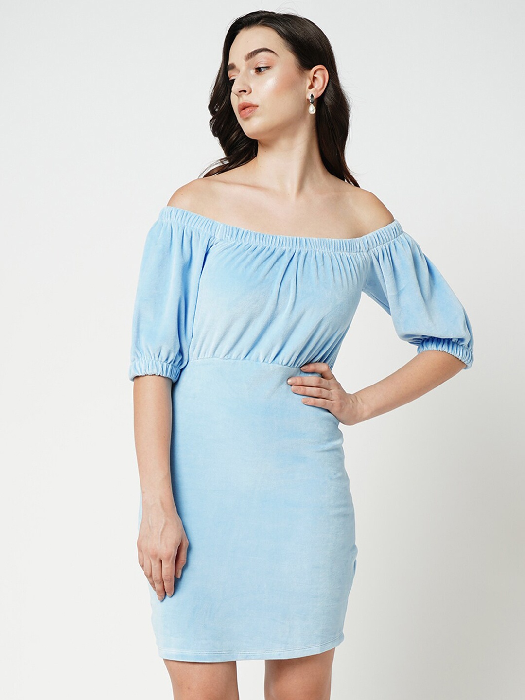 

ONLY Off-Shoulder Gathered Bodycon Mini Dress, Blue