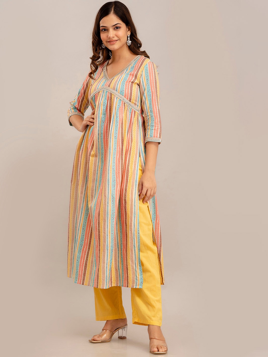 

Anouk Striped Pure Cotton Straight Kurta with Trousers, Pink