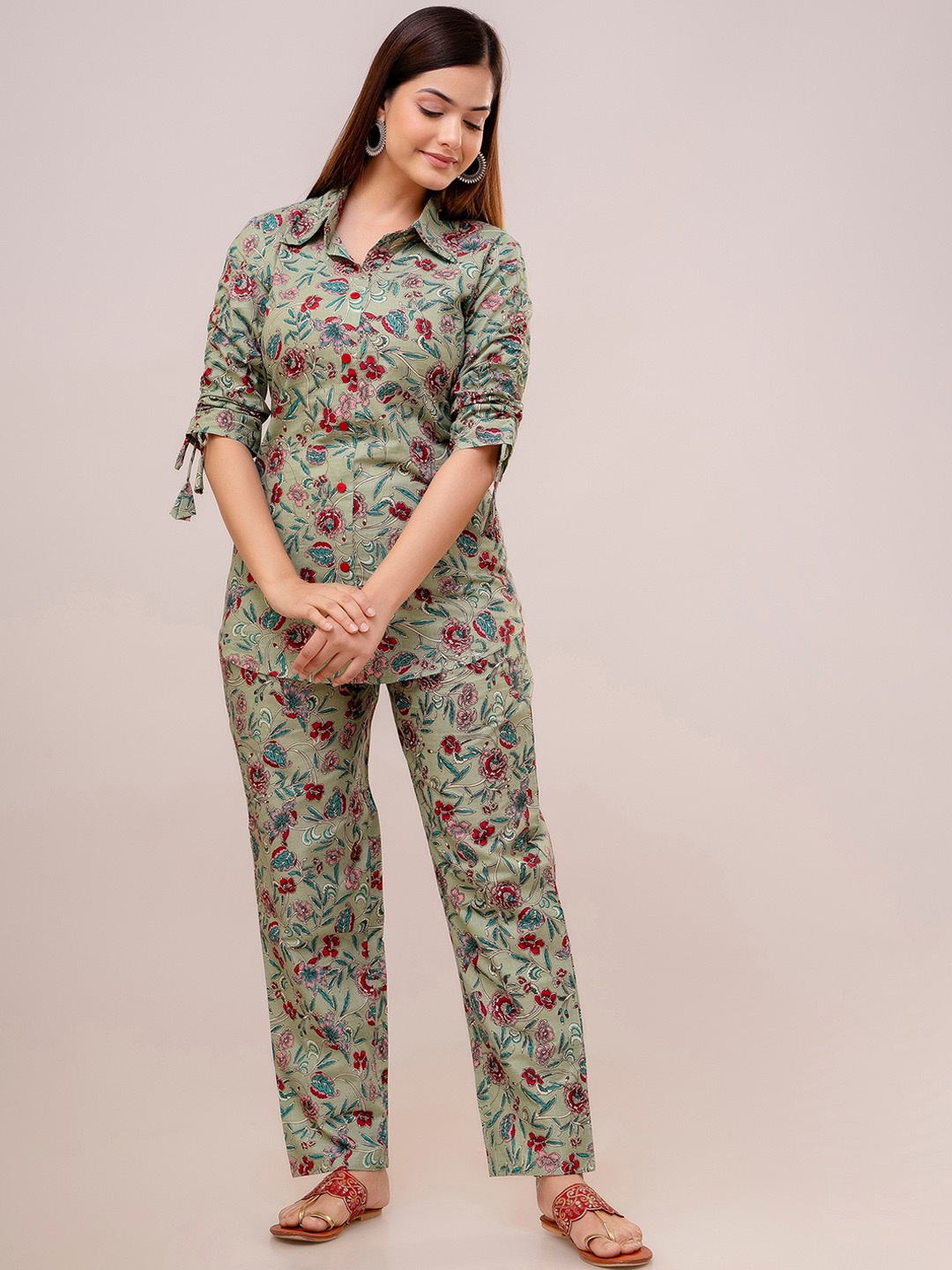 

Anouk Green Printed Pure Cotton Shirt With Trousers