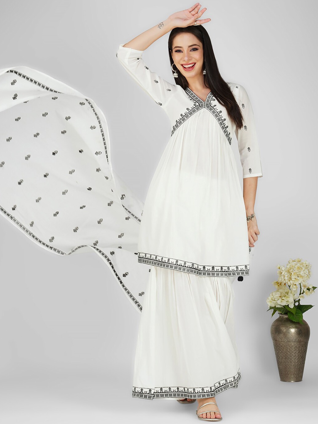 

Anouk White Geometric Embroidered Empire Thread Work Cotton Kurta With Sharara & Dupatta