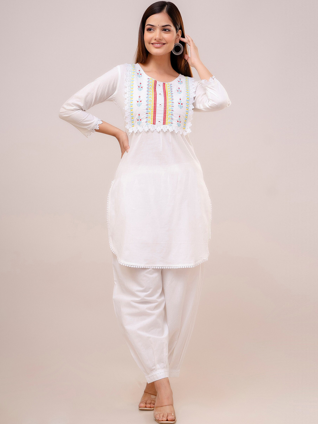

Anouk White Ethnic Motifs Yoke Design Regular Pure Cotton Kurti With Patiala