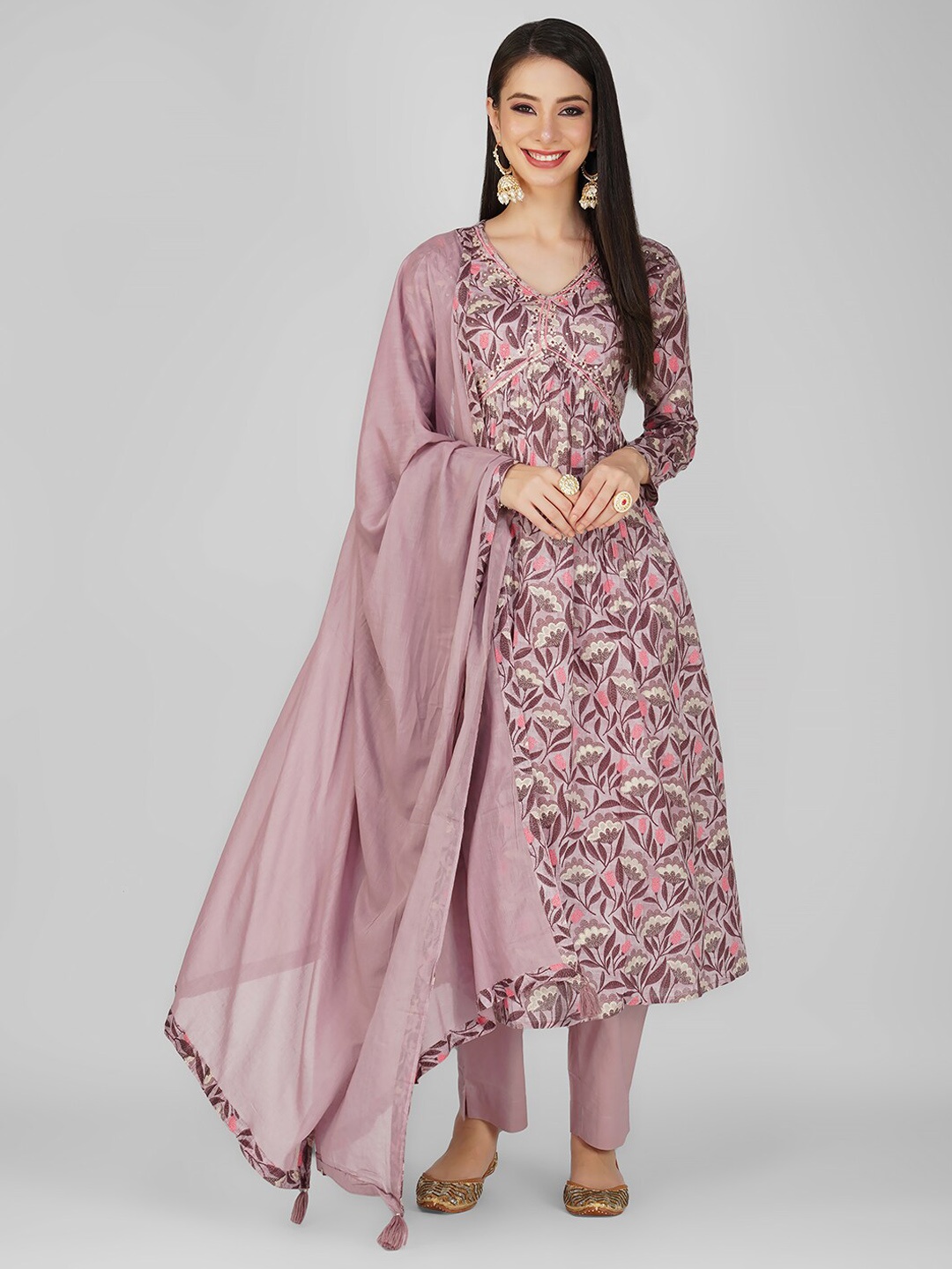 

Anouk Lavender Floral Printed Sequinned Pure Cotton A-Line Kurta & Trouser With Dupatta