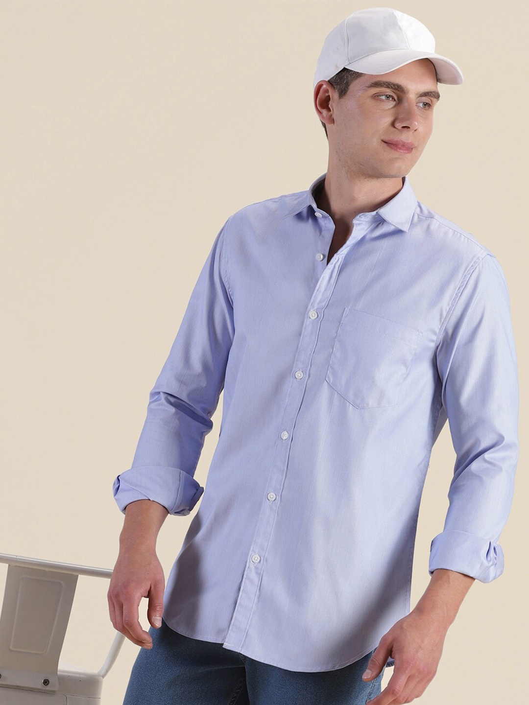 encore by INVICTUS Classic Slim Fit Textured Opaque Casual Shirt, Blue