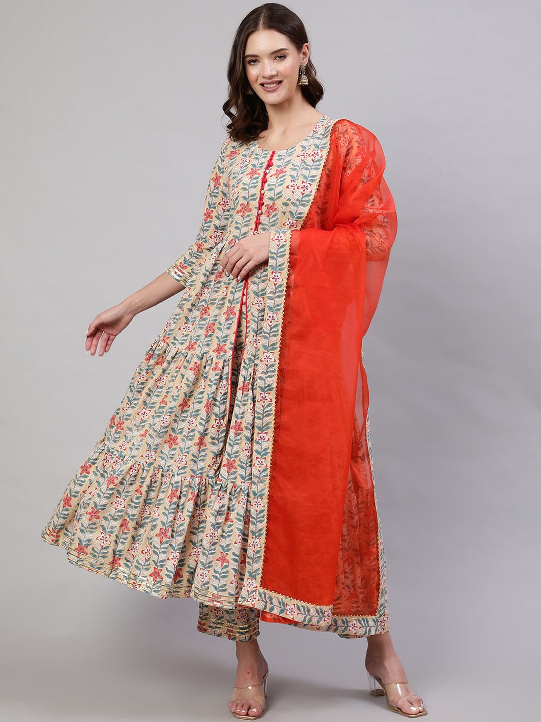 

GLAM ROOTS Ethnic Motifs Printed Anarkali Kurta with Pyjamas & With Dupatta, Beige