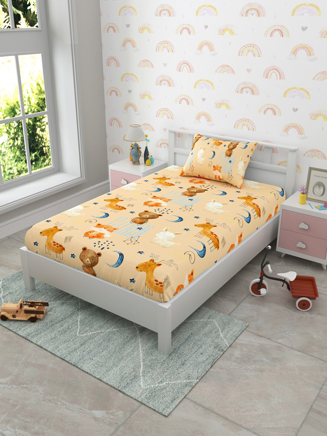

EverHOME Orange Cartoon Characters Cotton 160 TC Single Bedsheet with 1 Pillow Cover