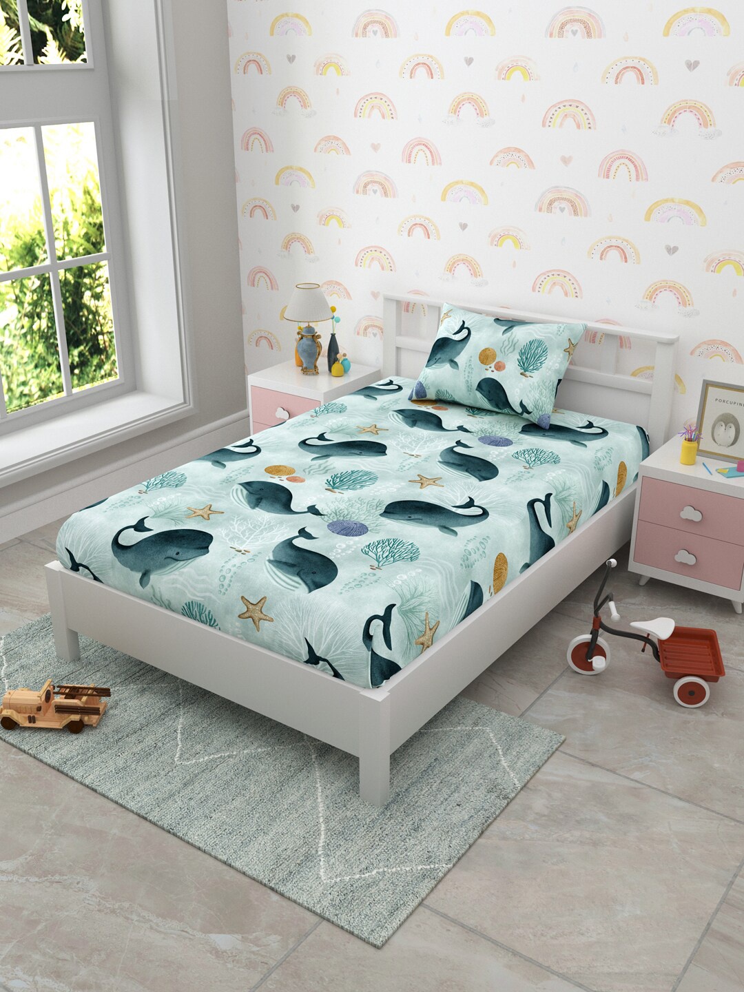 

EverHOME Blue Cartoon Characters Cotton 160 TC Single Bedsheet with 1 Pillow Covers