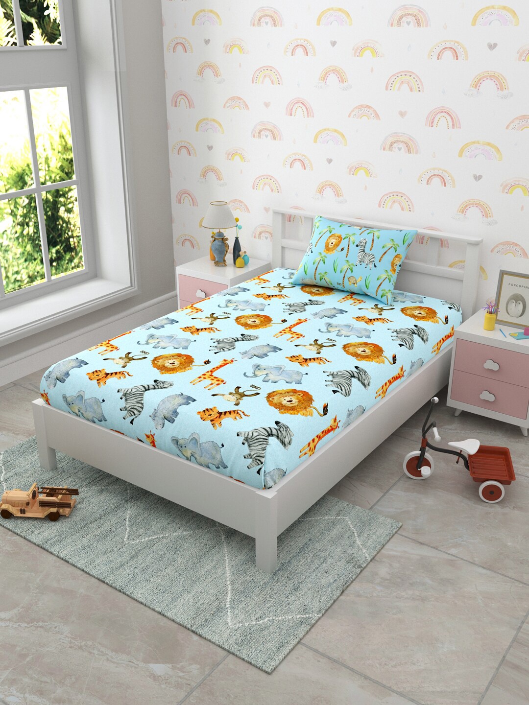 

EverHOME Blue Cartoon Characters Cotton160 TC Single Bedsheet with 1 Pillow Cover