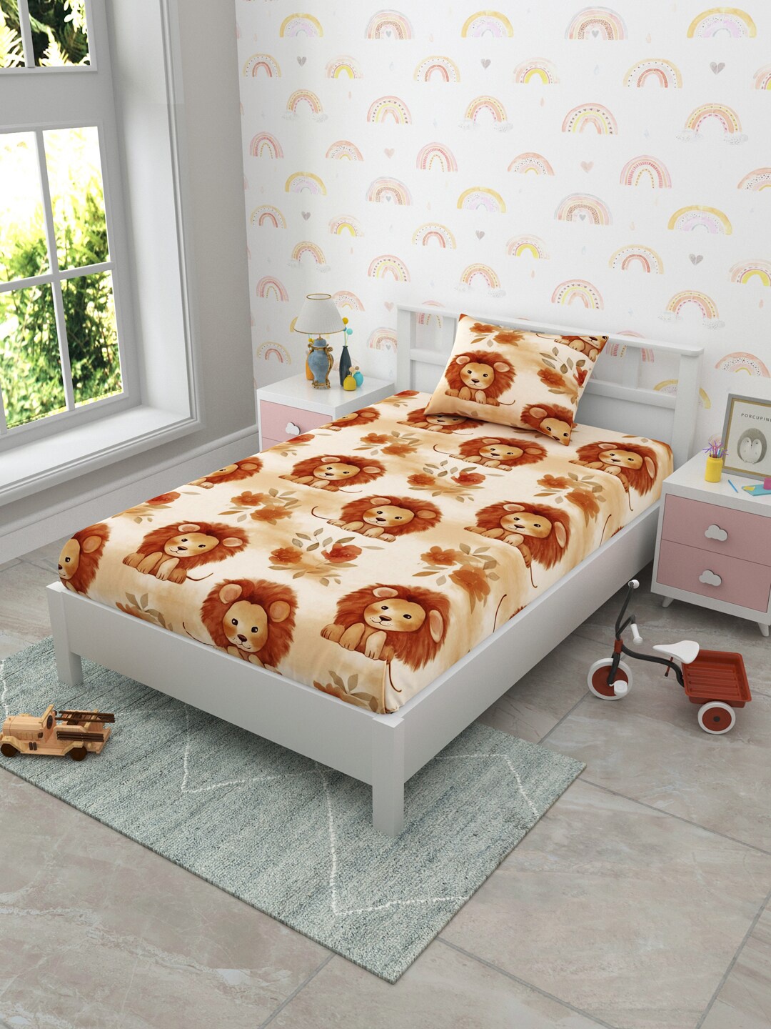 

EverHOME Kids Brown Cartoon Characters Cotton 160 TC Single Bedsheet With 1 Pillow Covers