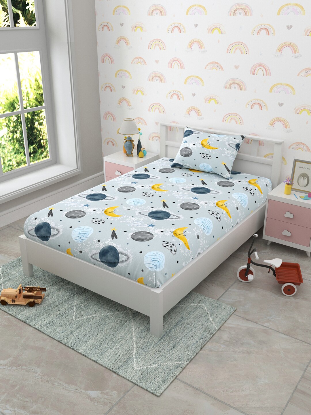 

EverHOME Kids Blue Cartoon Characters Cotton 160 TC Single Bedsheet With 1 Pillow Covers