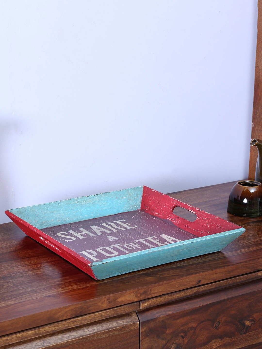 

Artisans Rose Blue & Red Graphic Printed Wooden Vintage Finished Tray