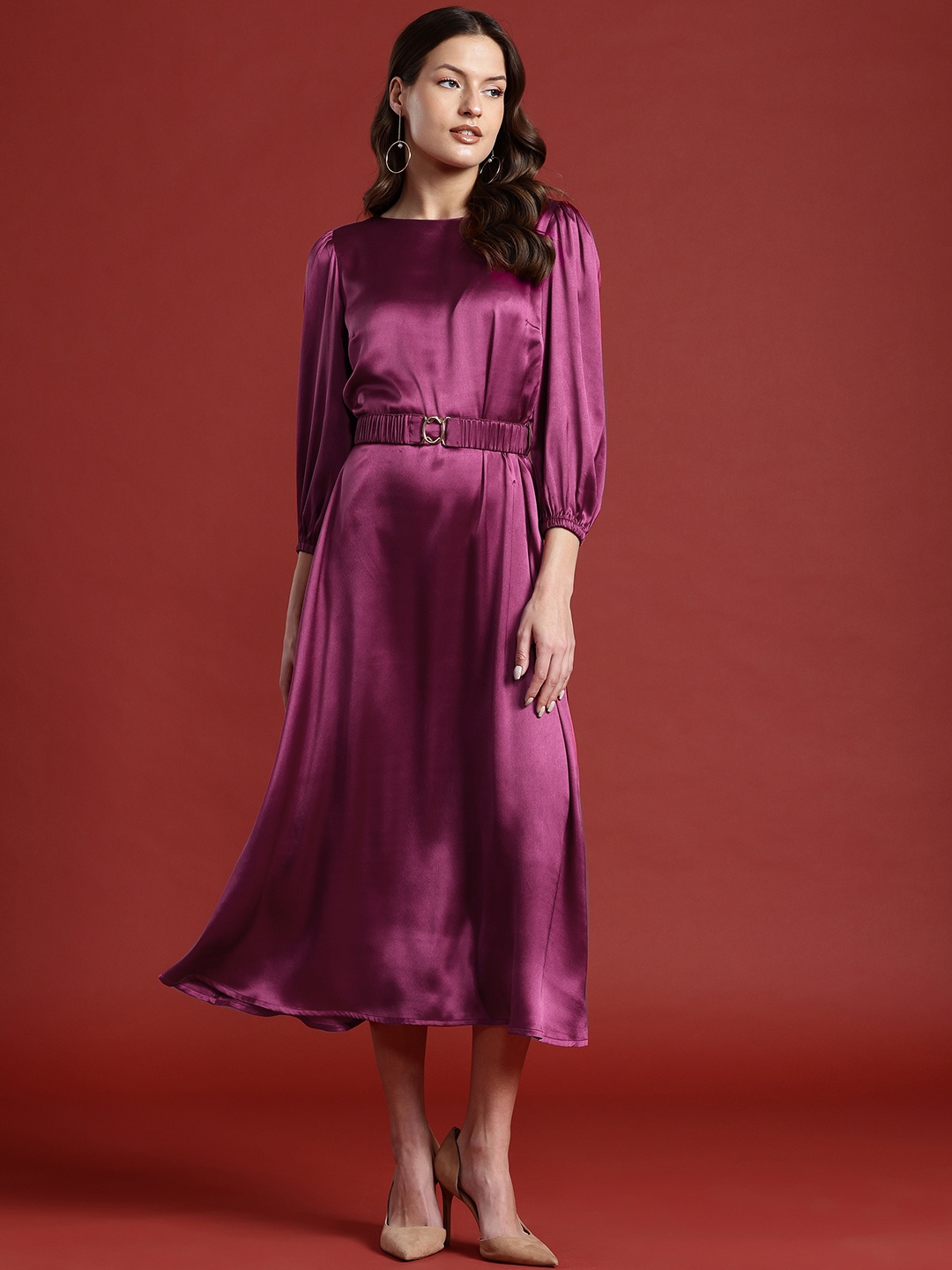 

all about you Satin Finish Fit & Flare Midi Dress with Belt, Purple