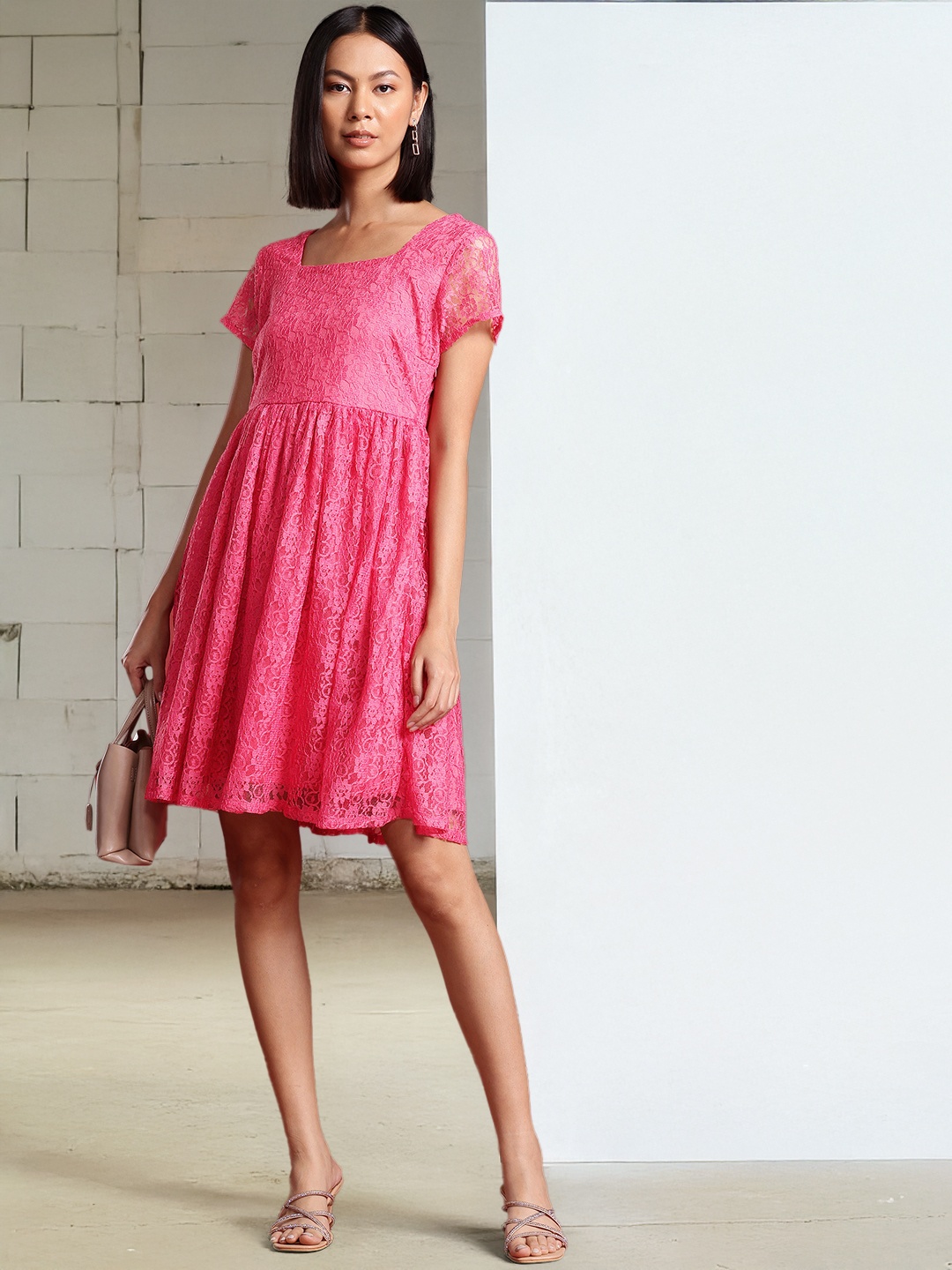 

all about you Puff Sleeve Lace A-Line Dress, Pink