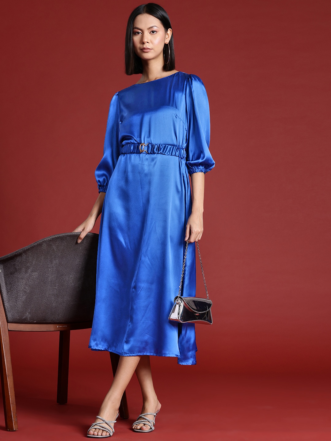 

all about you Satin A-Line Midi Dress with Belt, Blue