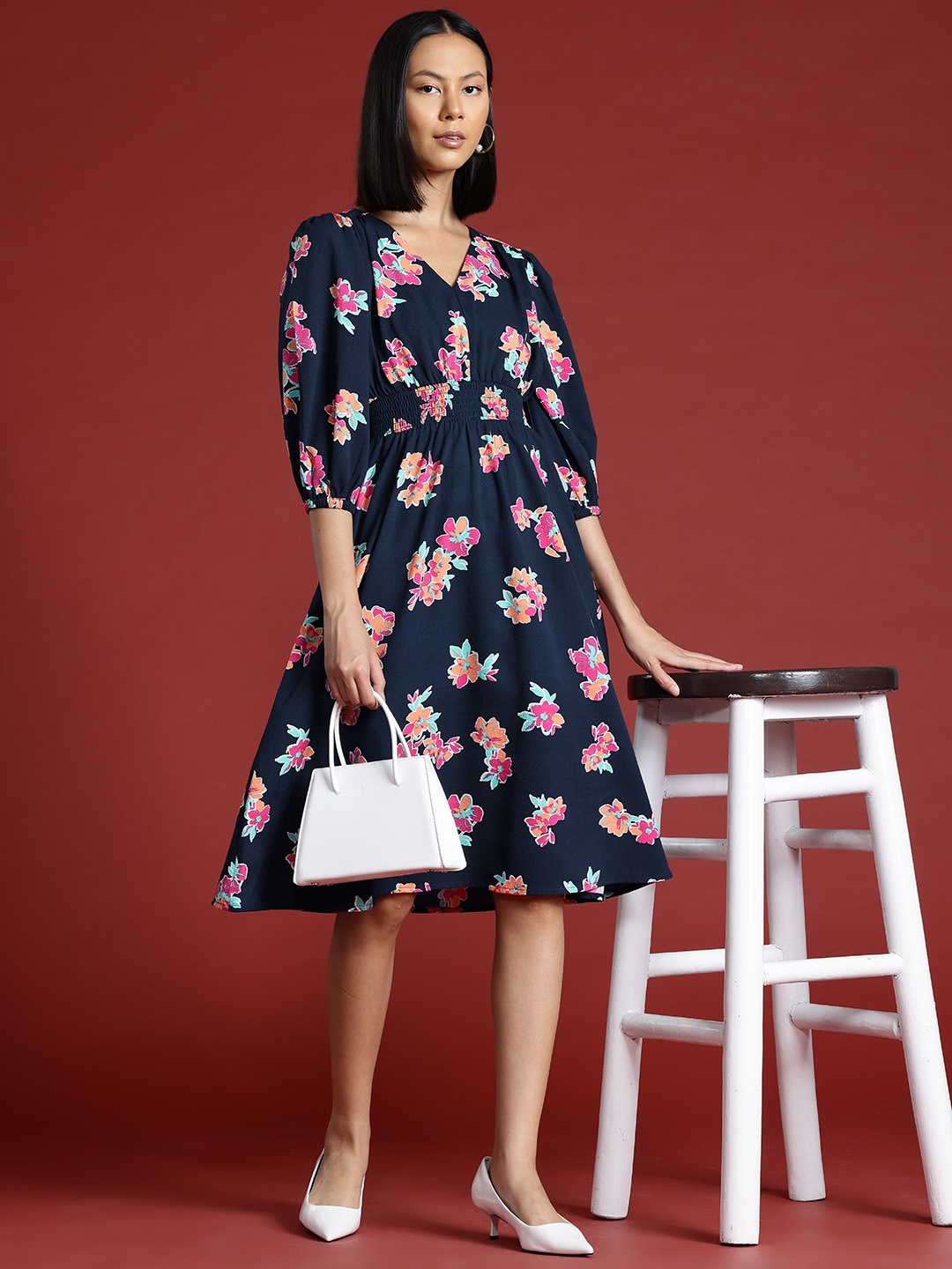 

all about you Floral Printed Midi Fit & Flare Dress, Navy blue