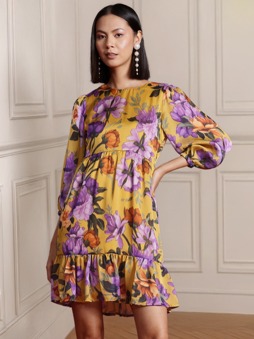 

all about you Floral Print A-Line Mini Dress, Mustard