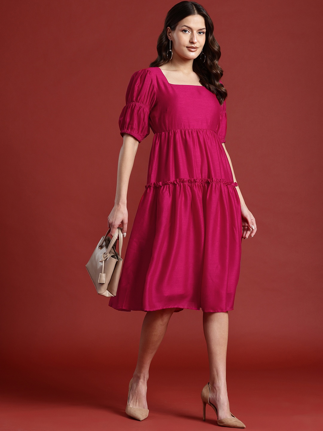 

all about you Puff Sleeves Tiered A-Line Dress, Magenta