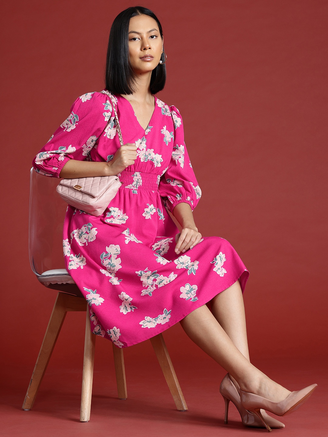 

all about you Floral Printed Midi Fit & Flare Dress, Pink