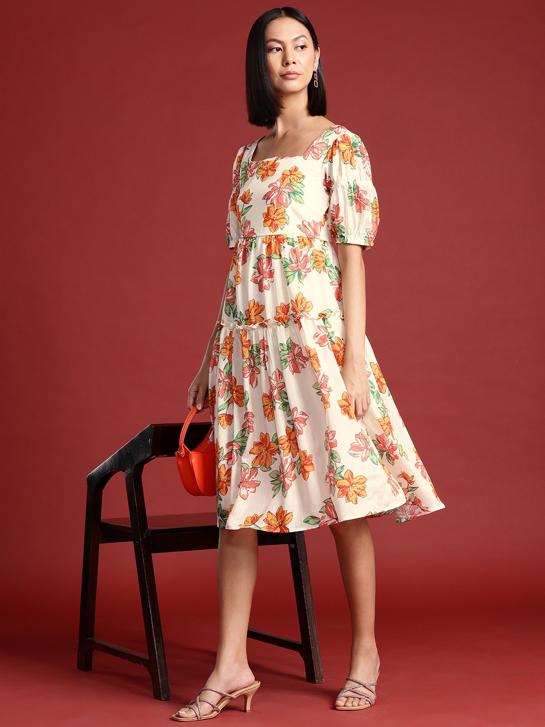 

all about you Floral Print Puff Sleeve A-Line Midi Dress, Cream