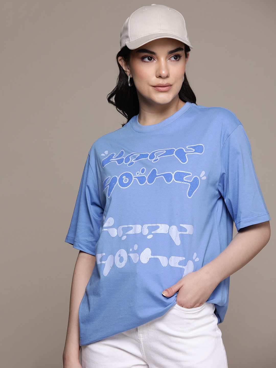 

The Roadster Lifestyle Co. Printed Drop-Shoulder Sleeves Oversized Longline T-shirt, Blue