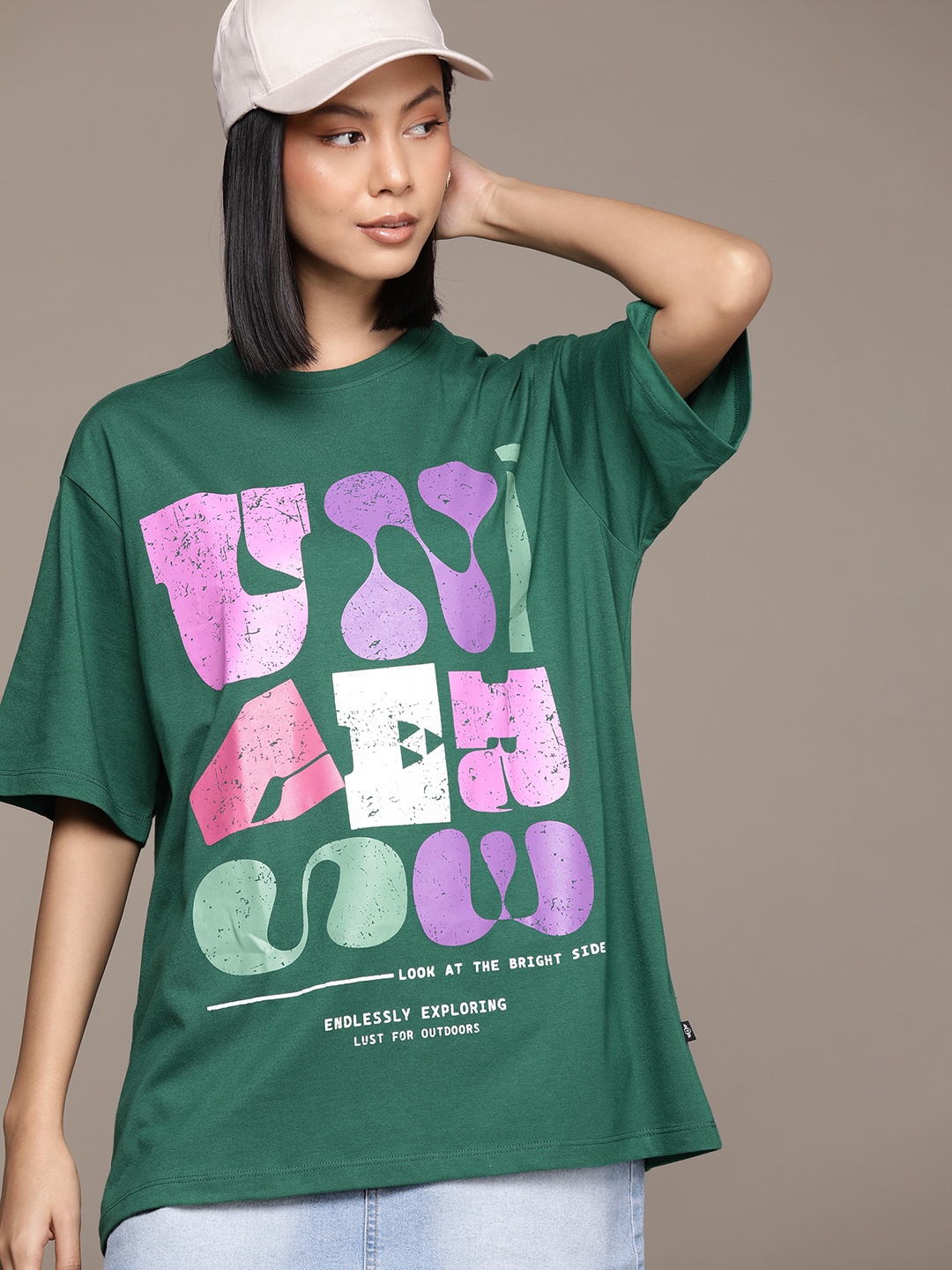 

The Roadster Lifestyle Co. Typography Printed Drop-Shoulder Sleeves Oversized T-shirt, Green