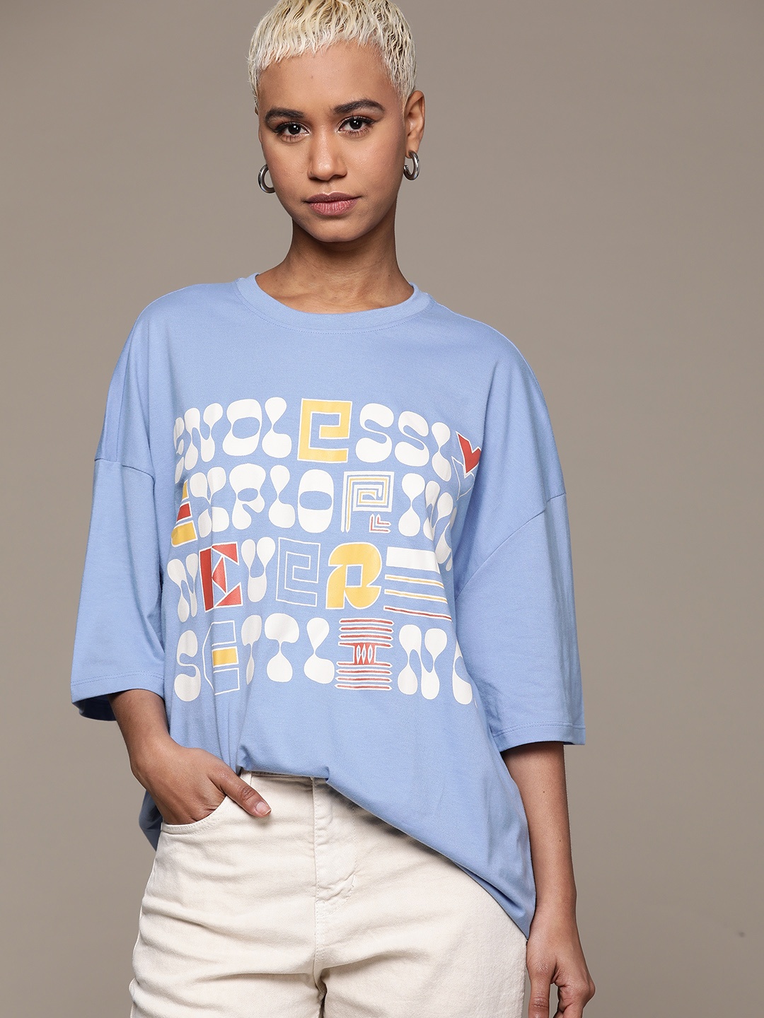 

The Roadster Lifestyle Co. Typography Printed Oversized T-shirt, Blue