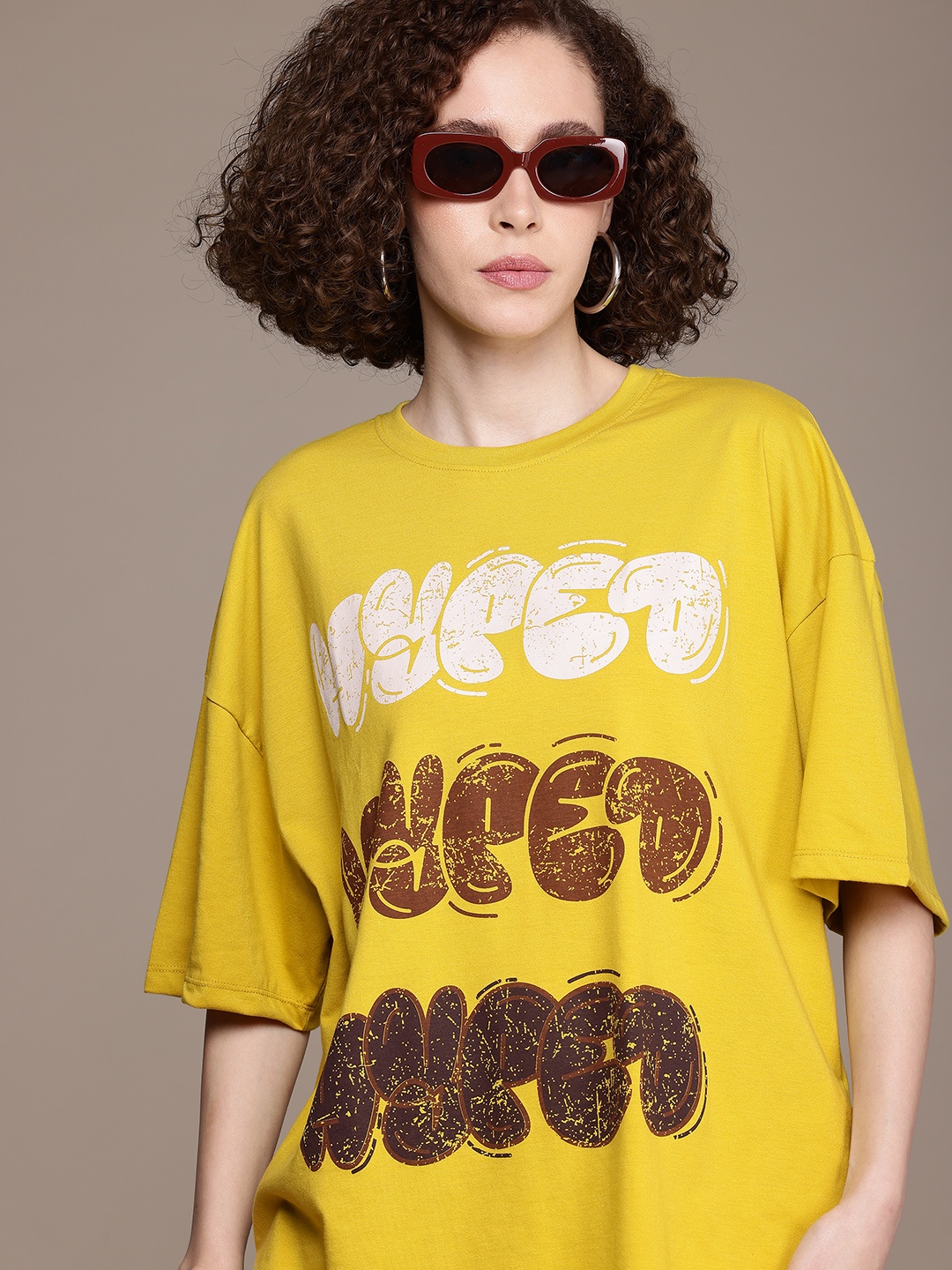 

The Roadster Life Co. Typography Printed Drop-Shoulder Sleeves Oversized T-shirt, Mustard