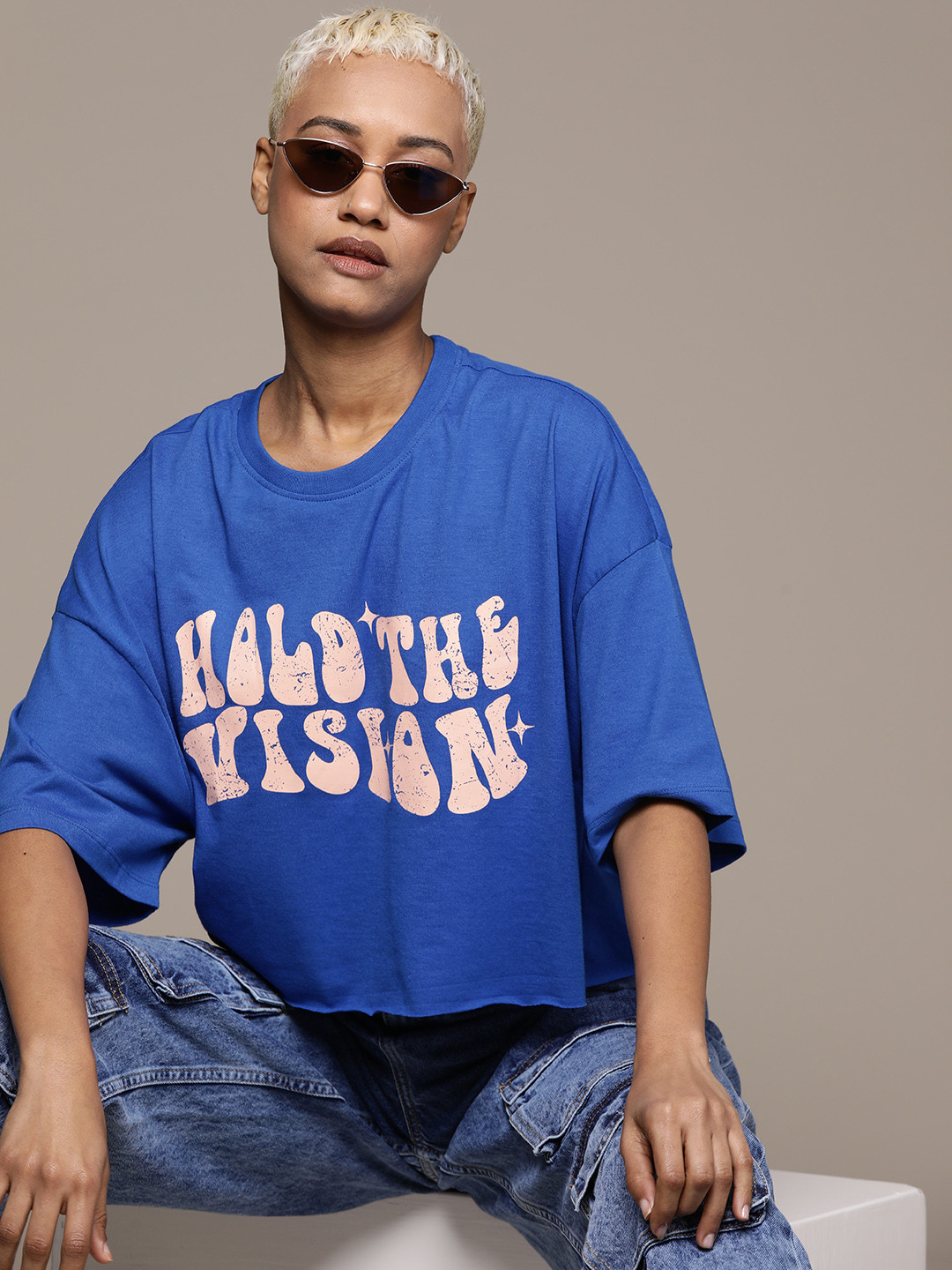 

The Roadster Lifestyle Co. Printed Oversized Crop T-shirt, Blue