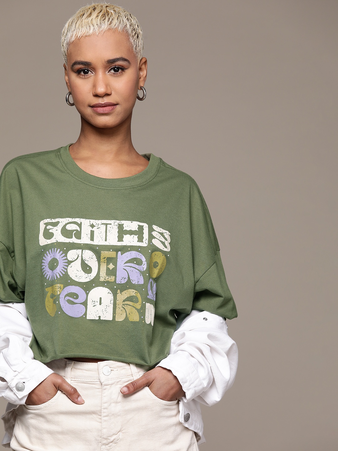 

The Roadster Lifestyle Co. Printed Oversized Crop T-shirt, Olive