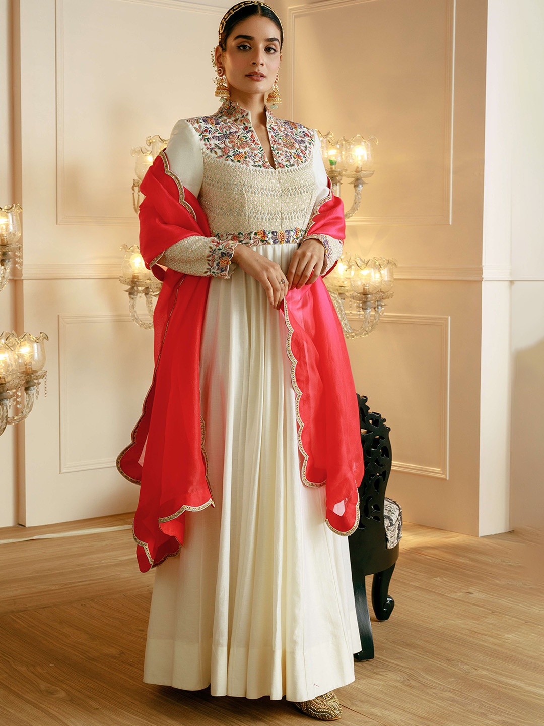 

NEHHA NHATA Floral Beads & Stones Embroidered Made To Measure Anarkali Kurta With Dupatta, Off white