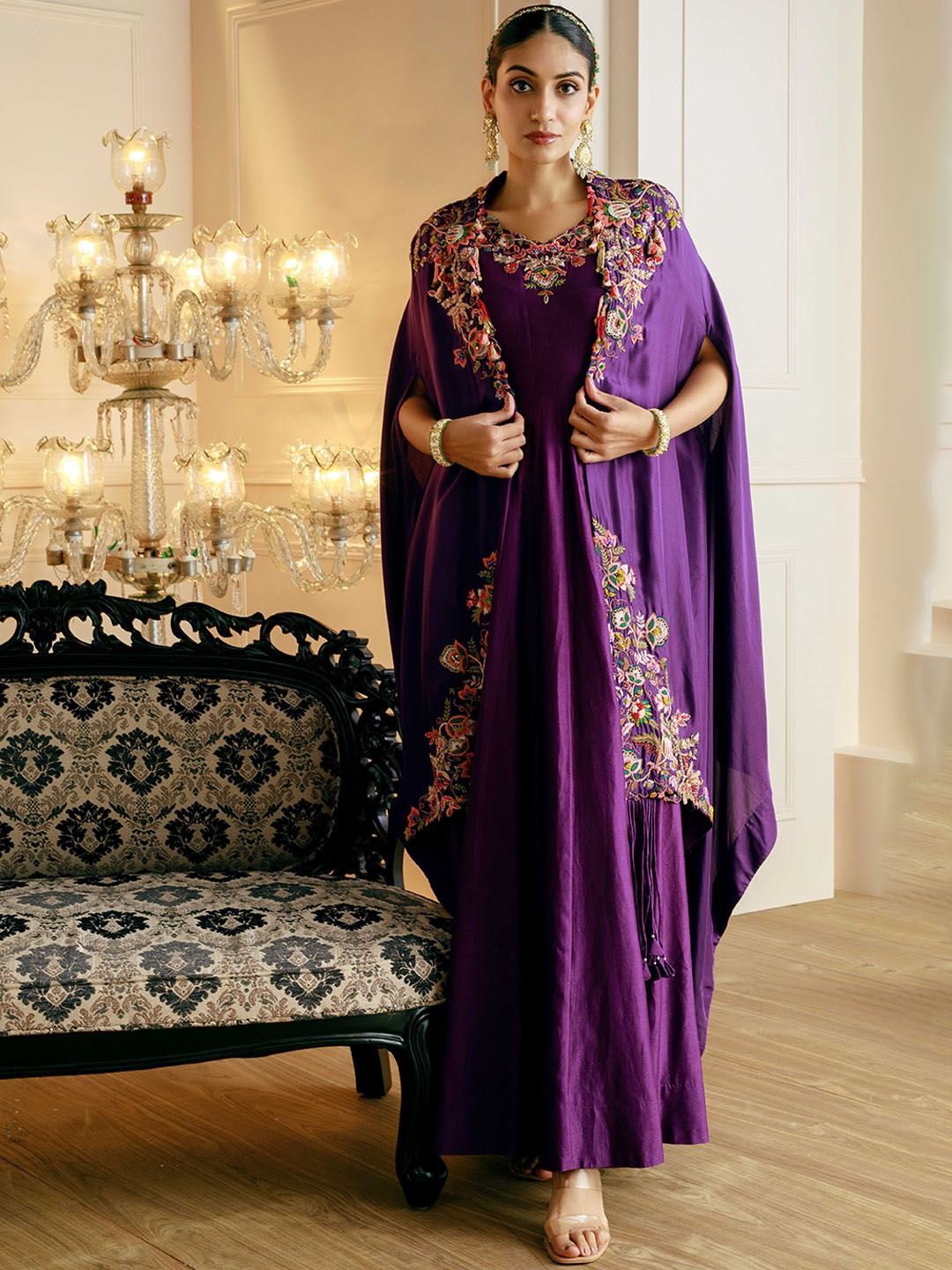 

NEHHA NHATA Floral Embroidered Round Neck Silk Fit & Flare Ethnic Dress With Dupatta, Purple