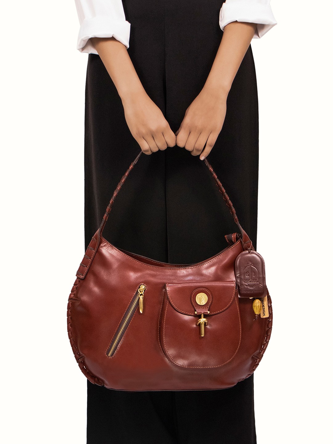 

Hidesign Textured Leather Structured Handheld Bag With Tasselled, Tan