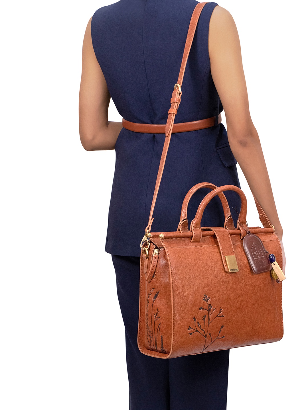 

Hidesign Leather Laptop Bag With Cut Work, Tan